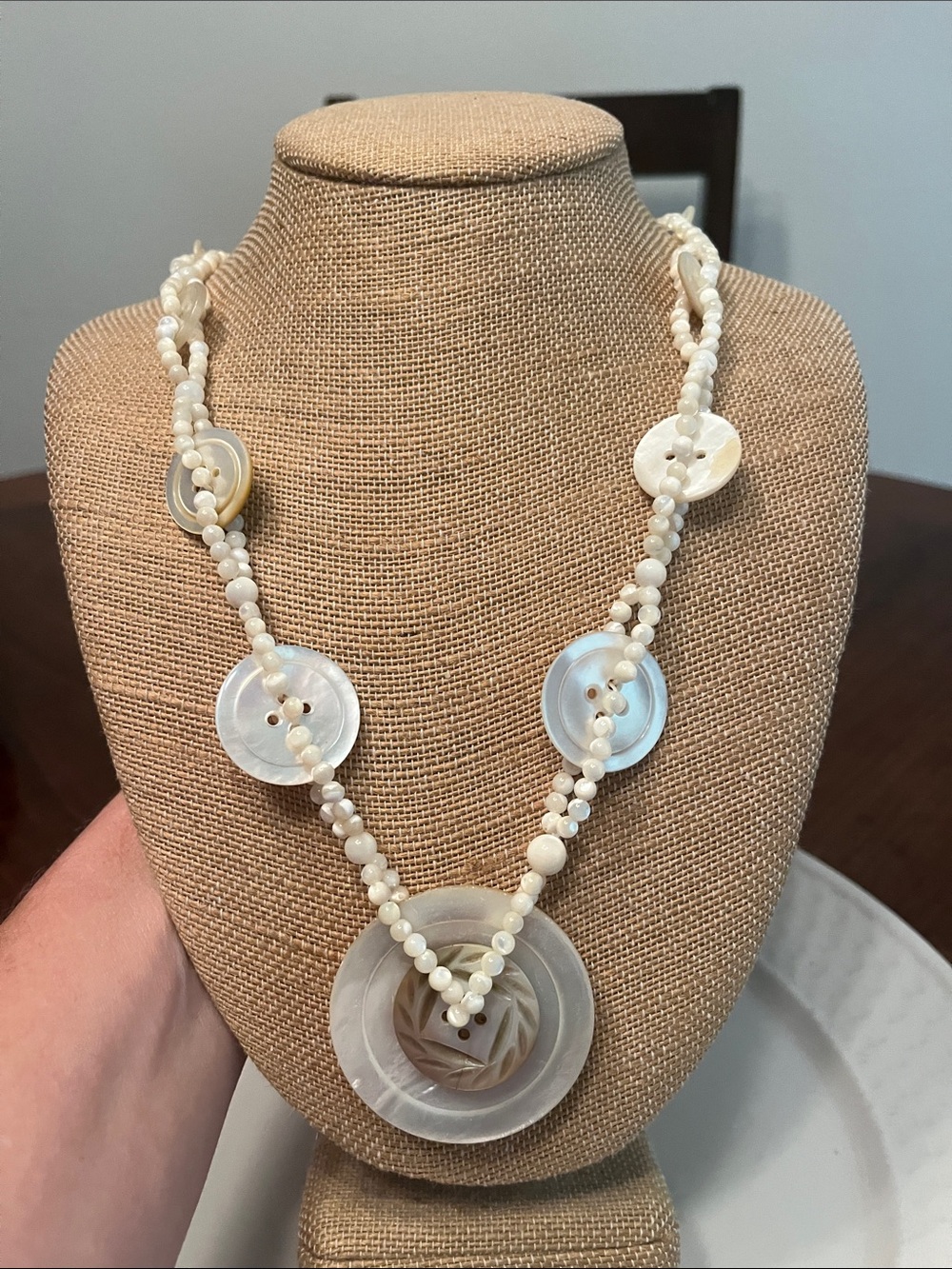 Handmade White Mother-of-Pearl Button Bead Necklace with .925 clip clasp